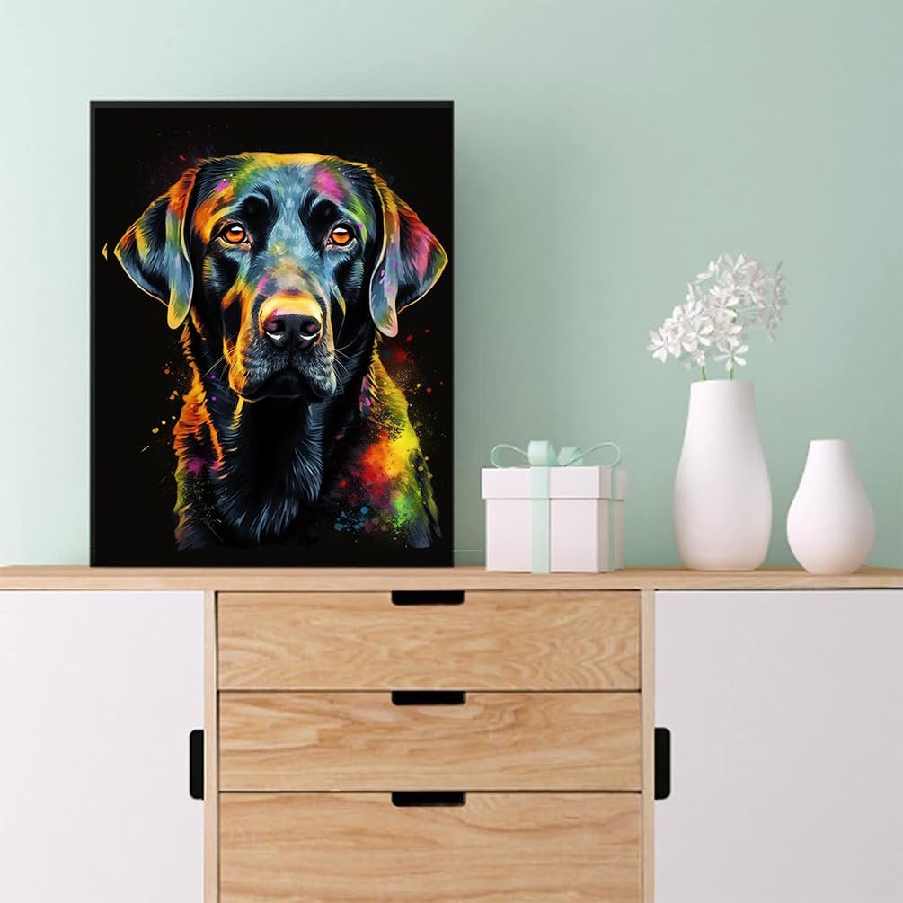 Colorful diamond painting kit featuring a black labrador dog portrait on a black background, displayed on a dresser.
