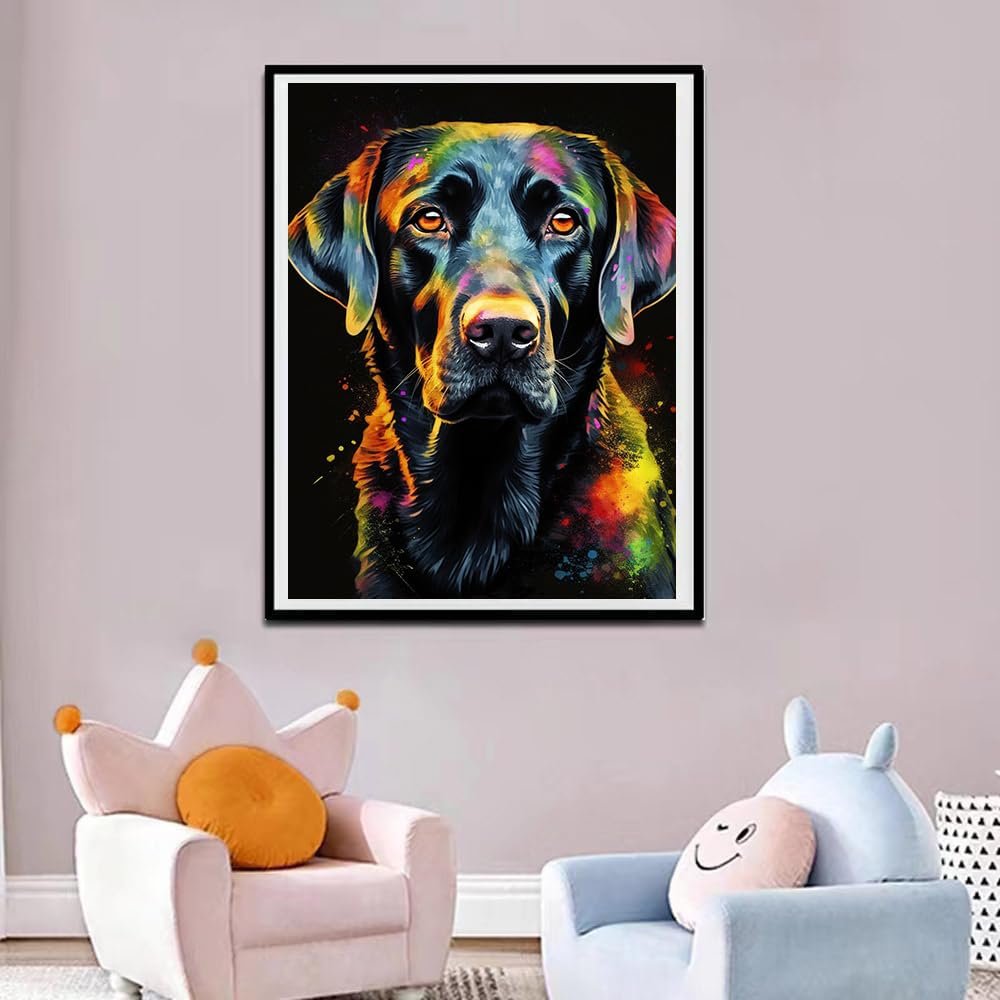 Colorful diamond painting of a black labrador dog's head hanging on a wall above children's chairs.