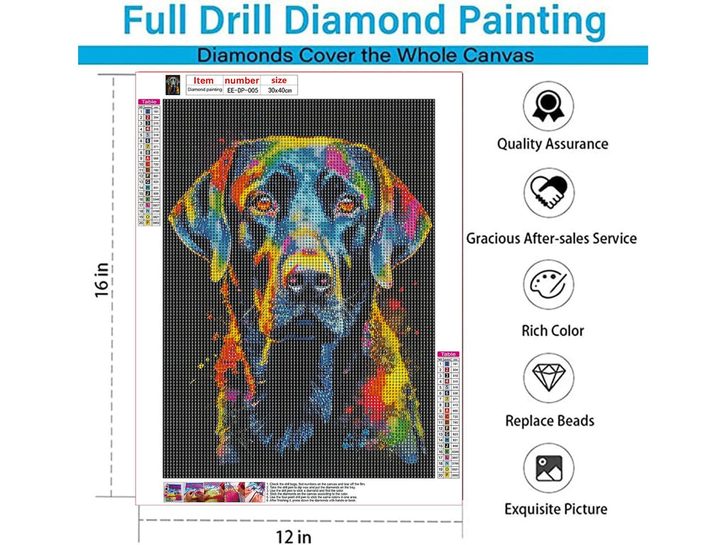 5D DIY diamond painting kit featuring a colorful abstract dog portrait, with diamond color chart and size dimensions.