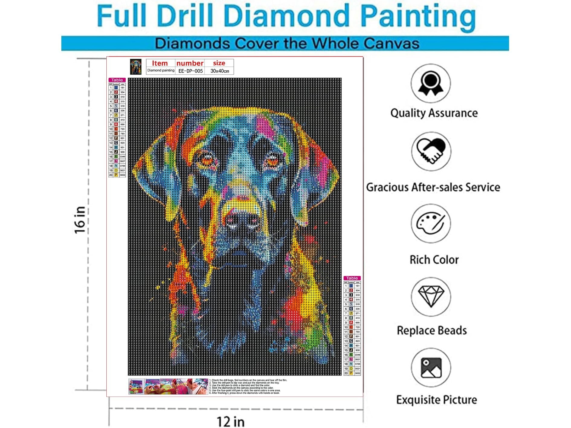5D DIY diamond painting kit featuring a colorful abstract dog portrait, with diamond color chart and size dimensions.