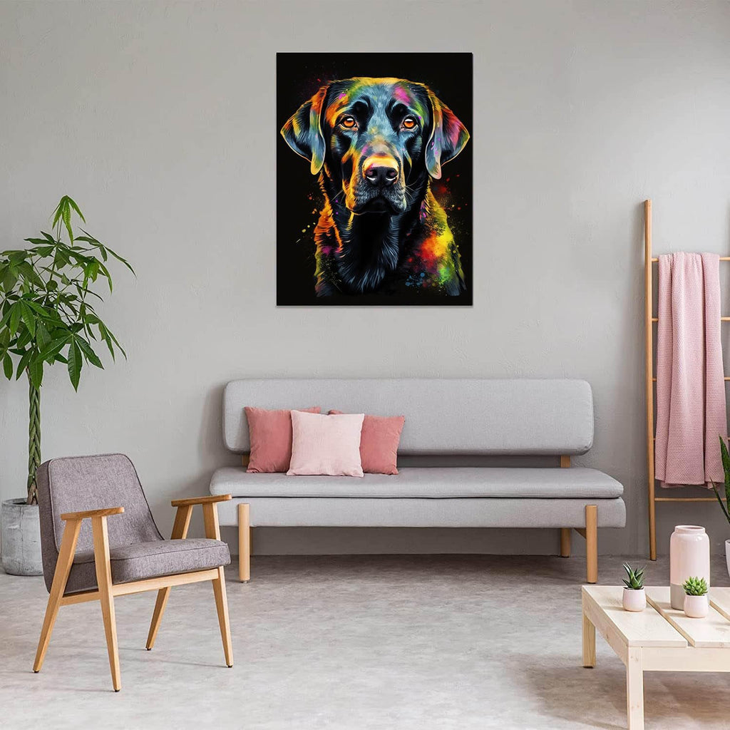 Colorful diamond painting of a black labrador dog's head on a black background, displayed in a modern living room setting.