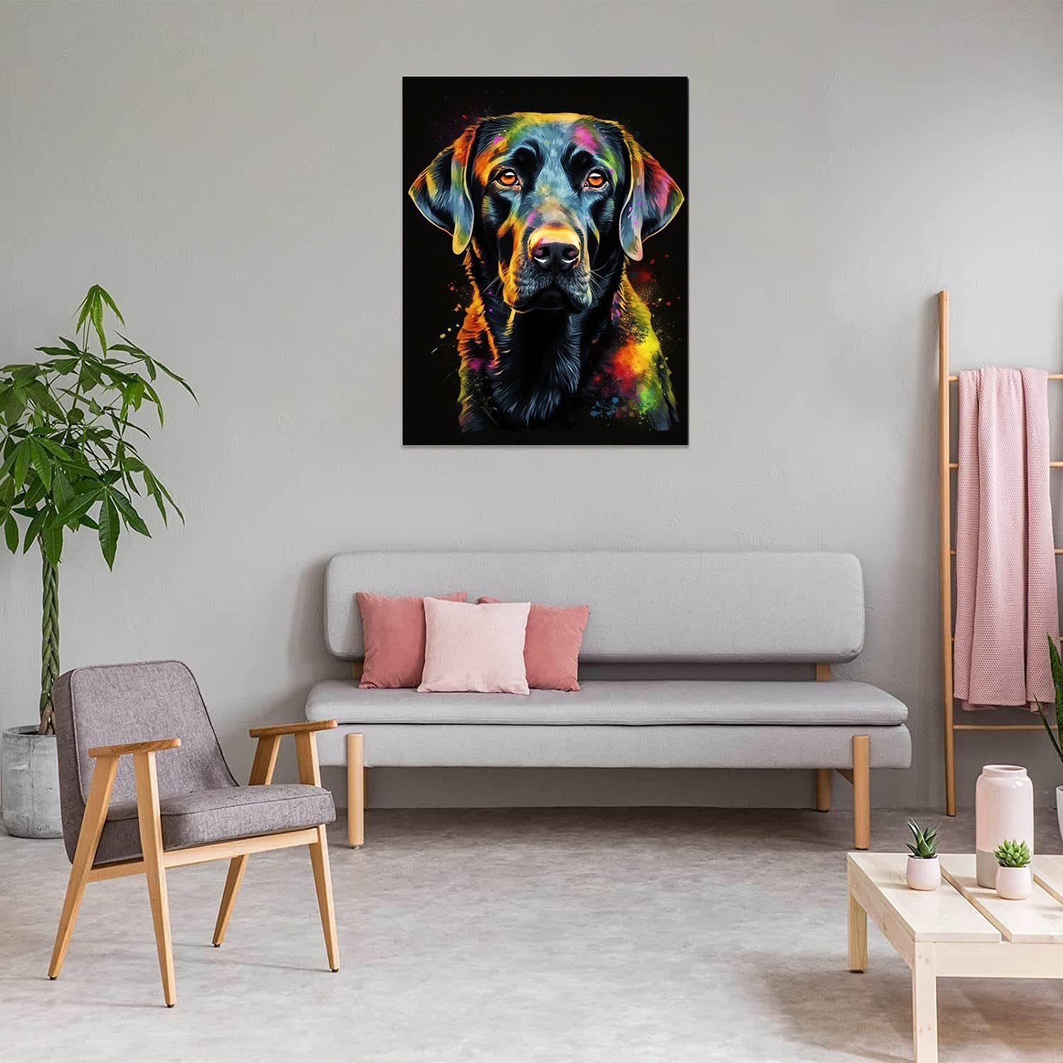 Colorful diamond painting of a black labrador dog's head on a black background, displayed in a modern living room setting.