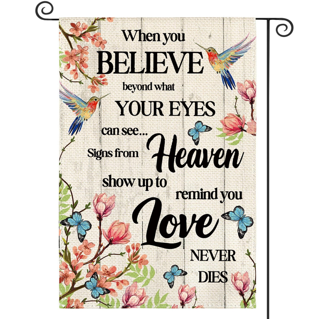 Double-sided garden flag with hummingbirds, butterflies, and flowers, featuring text about belief and love.
