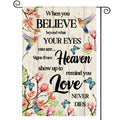 Double-sided garden flag with hummingbirds, butterflies, and flowers, featuring text about belief and love.