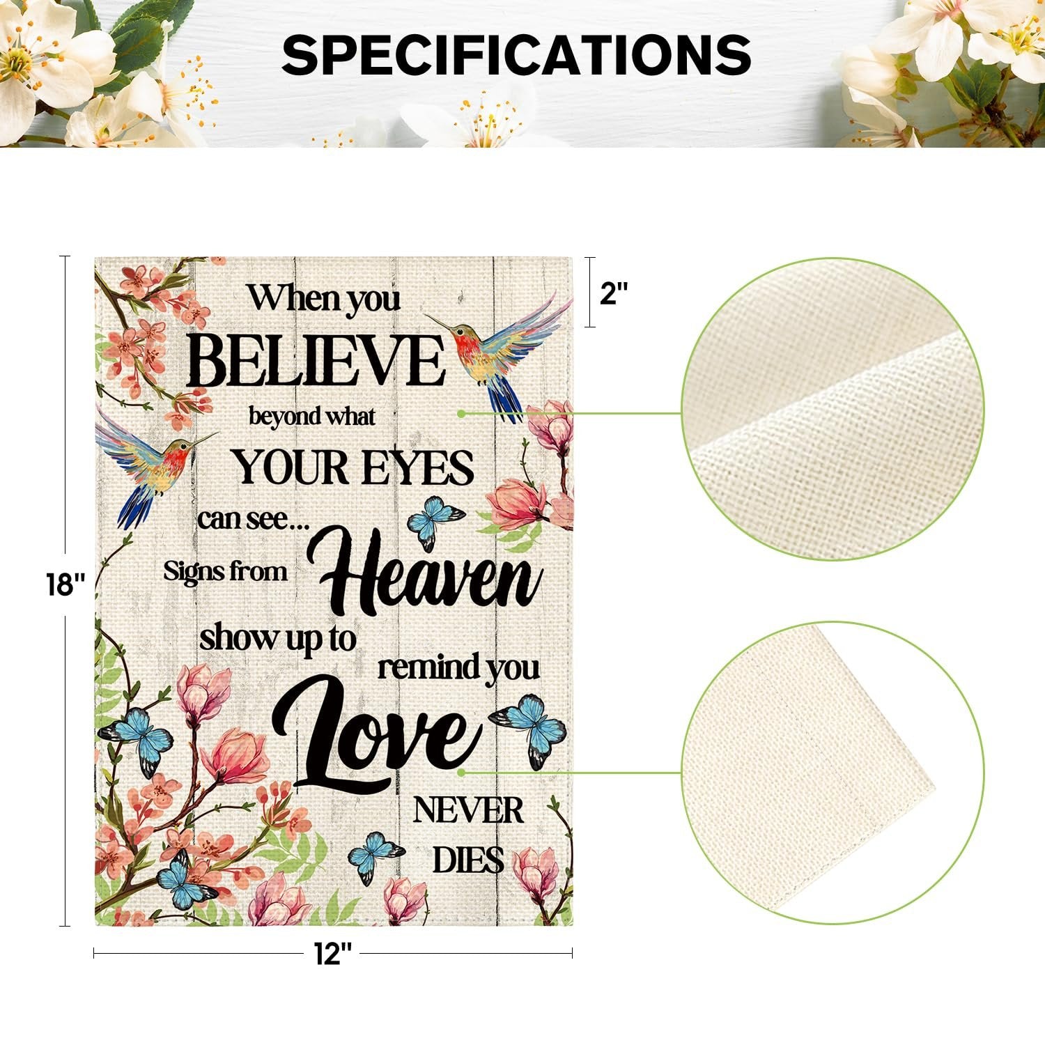 12x18 inch memorial garden flag with hummingbirds, butterflies, and flowers, featuring text about belief and love.