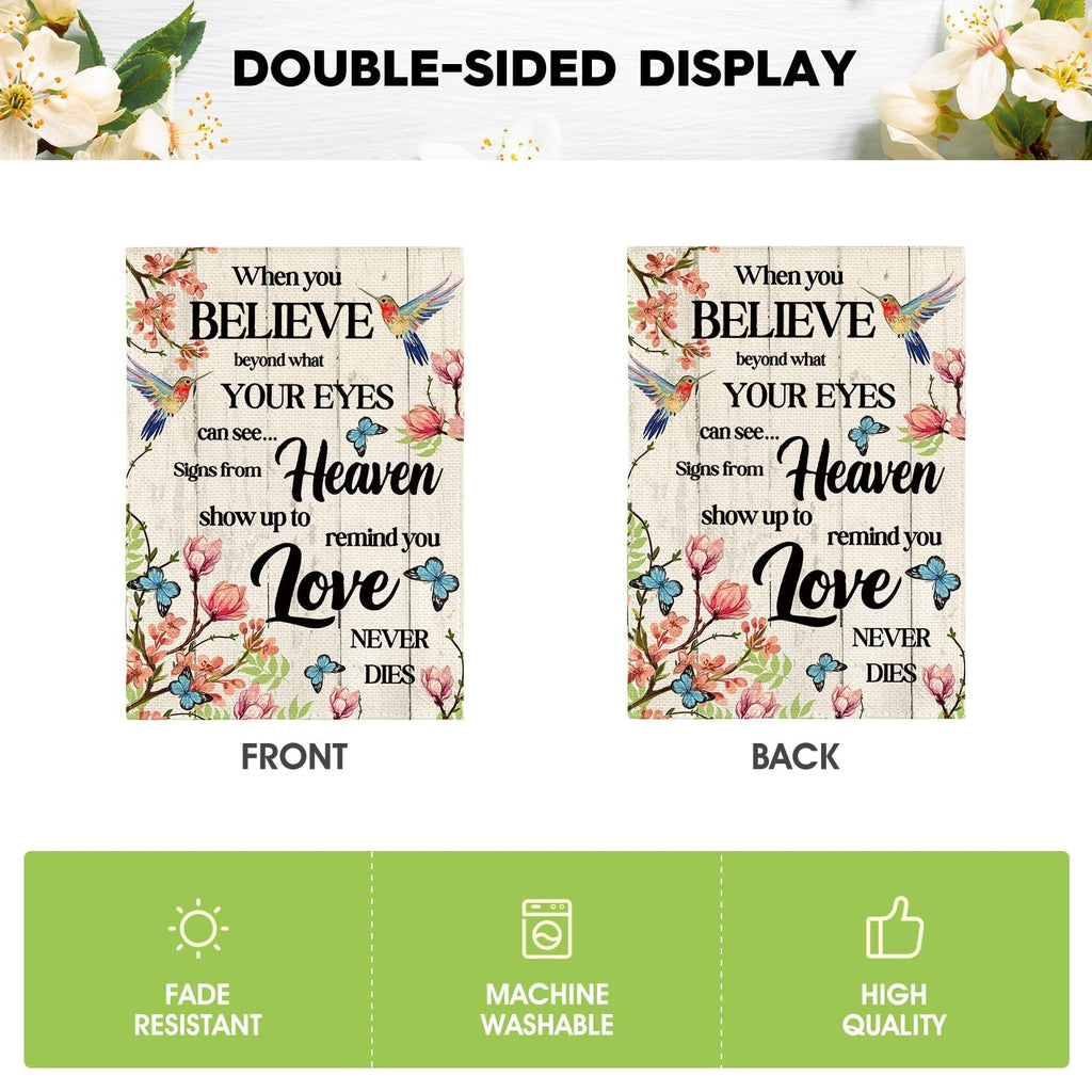 Front and back of a hummingbird memorial garden flag with floral design and text 'Love Never Dies'