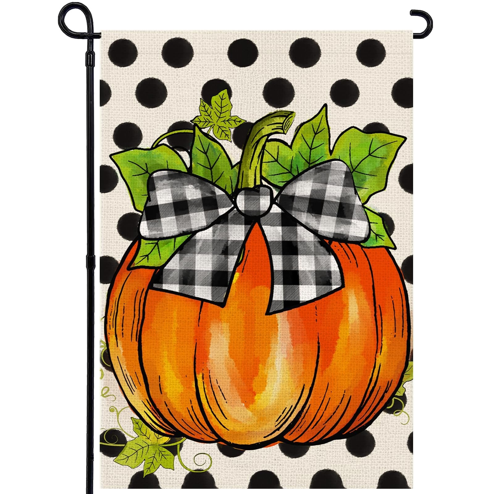 Garden flag featuring a large orange pumpkin with a black and white buffalo plaid bow and green leaves against a background of black polka dots on a burlap texture.