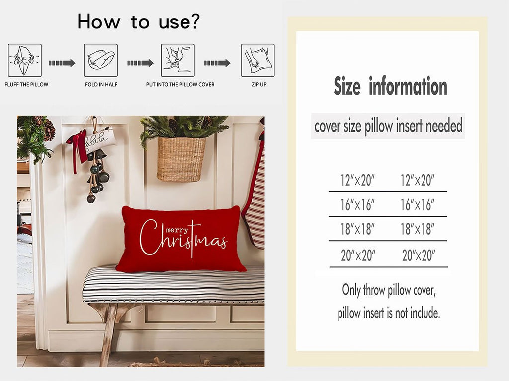 Christmas pillow cover with 'merry Christmas' text on a bench, with usage and size information.