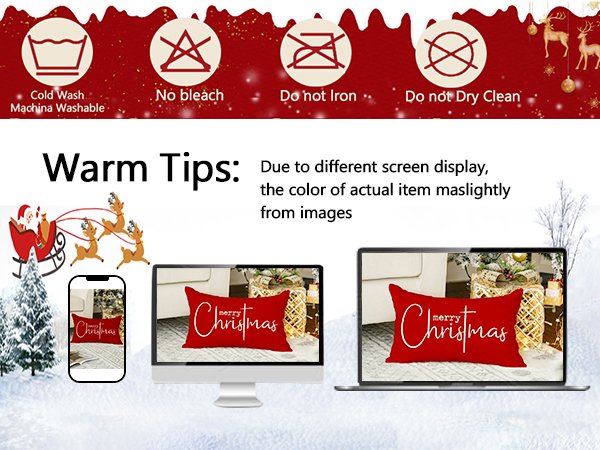 Christmas pillow covers displayed on phone, computer, and laptop screens with holiday graphics.