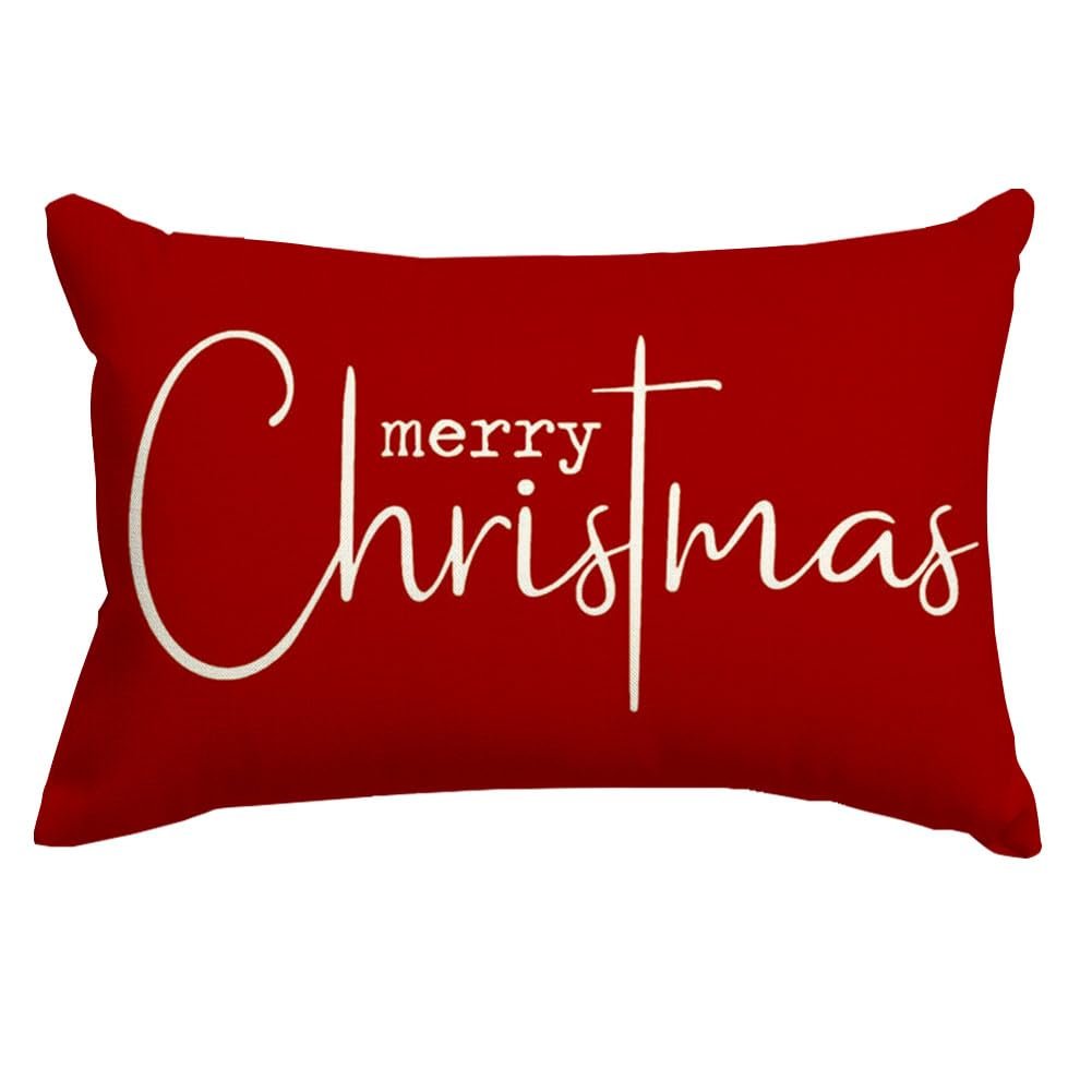 Red lumbar pillow cover with white 'Merry Christmas' text