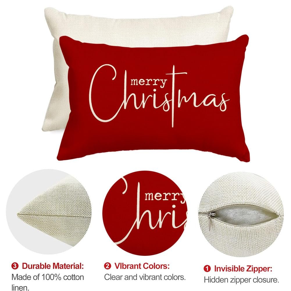 Red lumbar pillow cover with white 'Merry Christmas' text, shown with details of material and zipper.