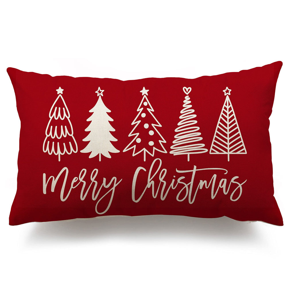 Red lumbar pillow cover with white Christmas trees and 'Merry Christmas' text