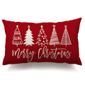 Red lumbar pillow cover with white Christmas trees and 'Merry Christmas' text
