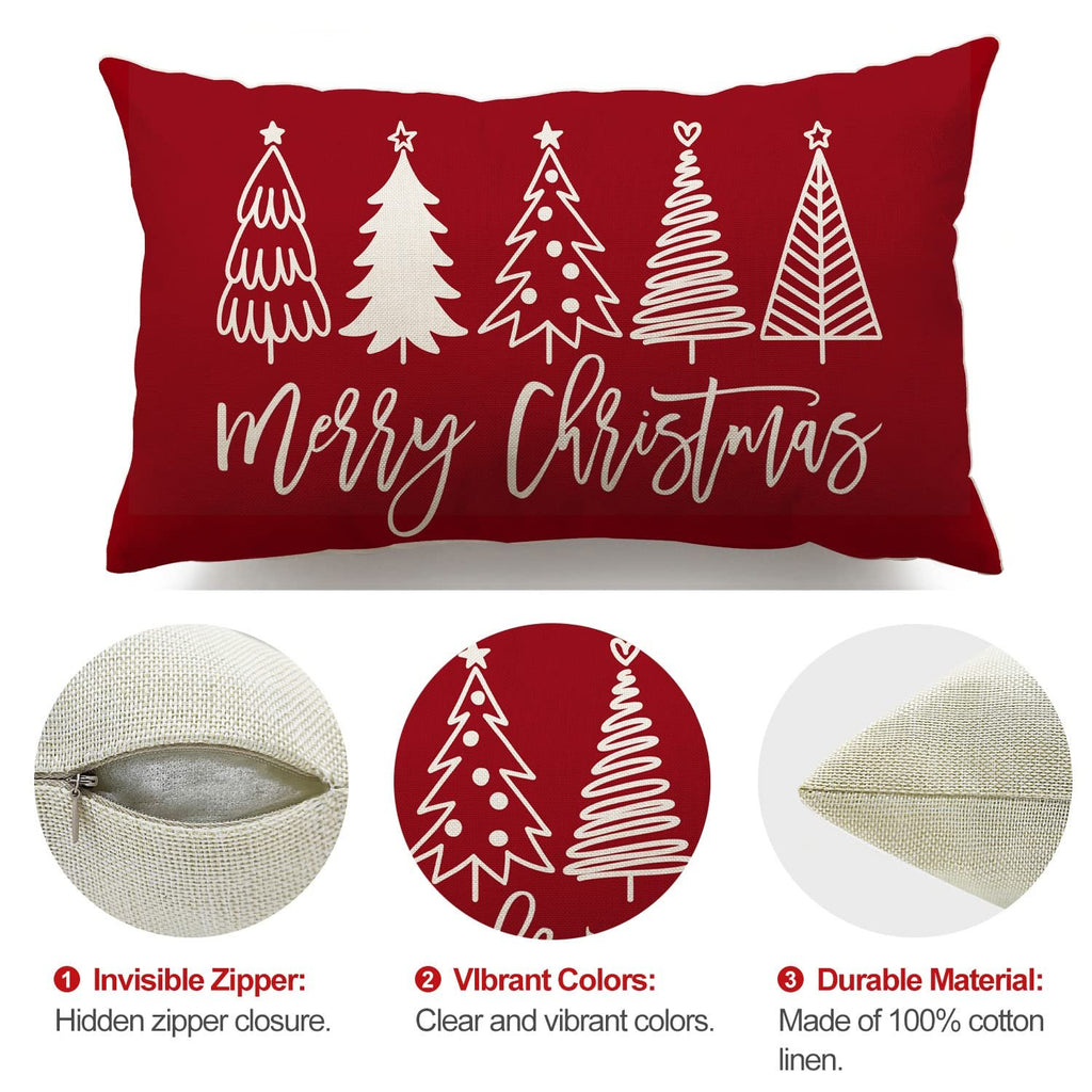 Red Christmas pillow cover with white trees and 'Merry Christmas' text, shown with close-ups of zipper and material.