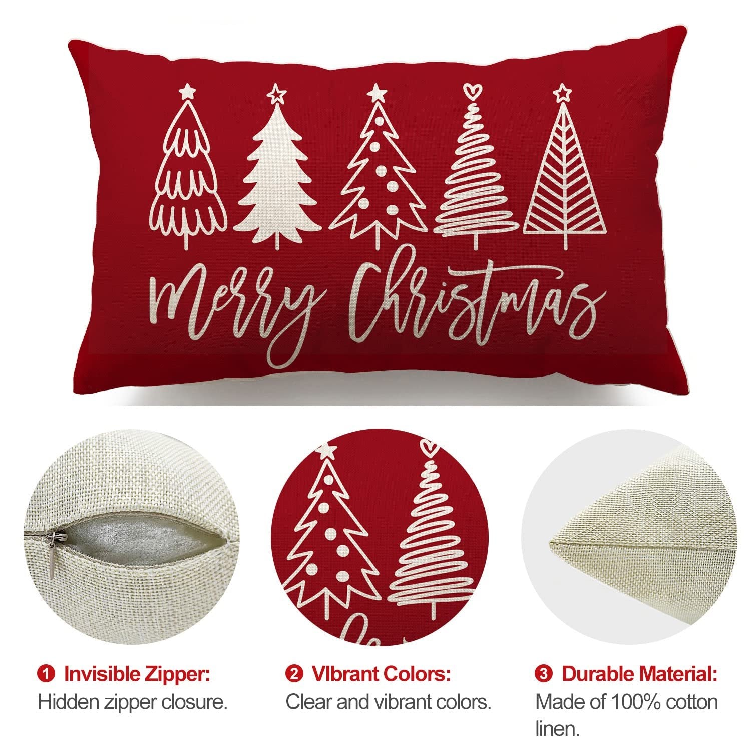 Red Christmas pillow cover with white trees and 'Merry Christmas' text, shown with close-ups of zipper and material.