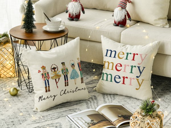 Two Christmas-themed throw pillow covers with nutcracker figures and 'Merry Christmas' text, and 'merry merry merry' text.