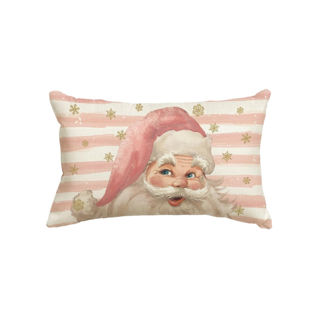 Rectangular throw pillow cover featuring a watercolor-style Santa Claus face with a pink hat and gold snowflakes on a pink and white striped background.