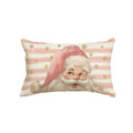 Rectangular throw pillow cover featuring a watercolor-style Santa Claus face with a pink hat and gold snowflakes on a pink and white striped background.
