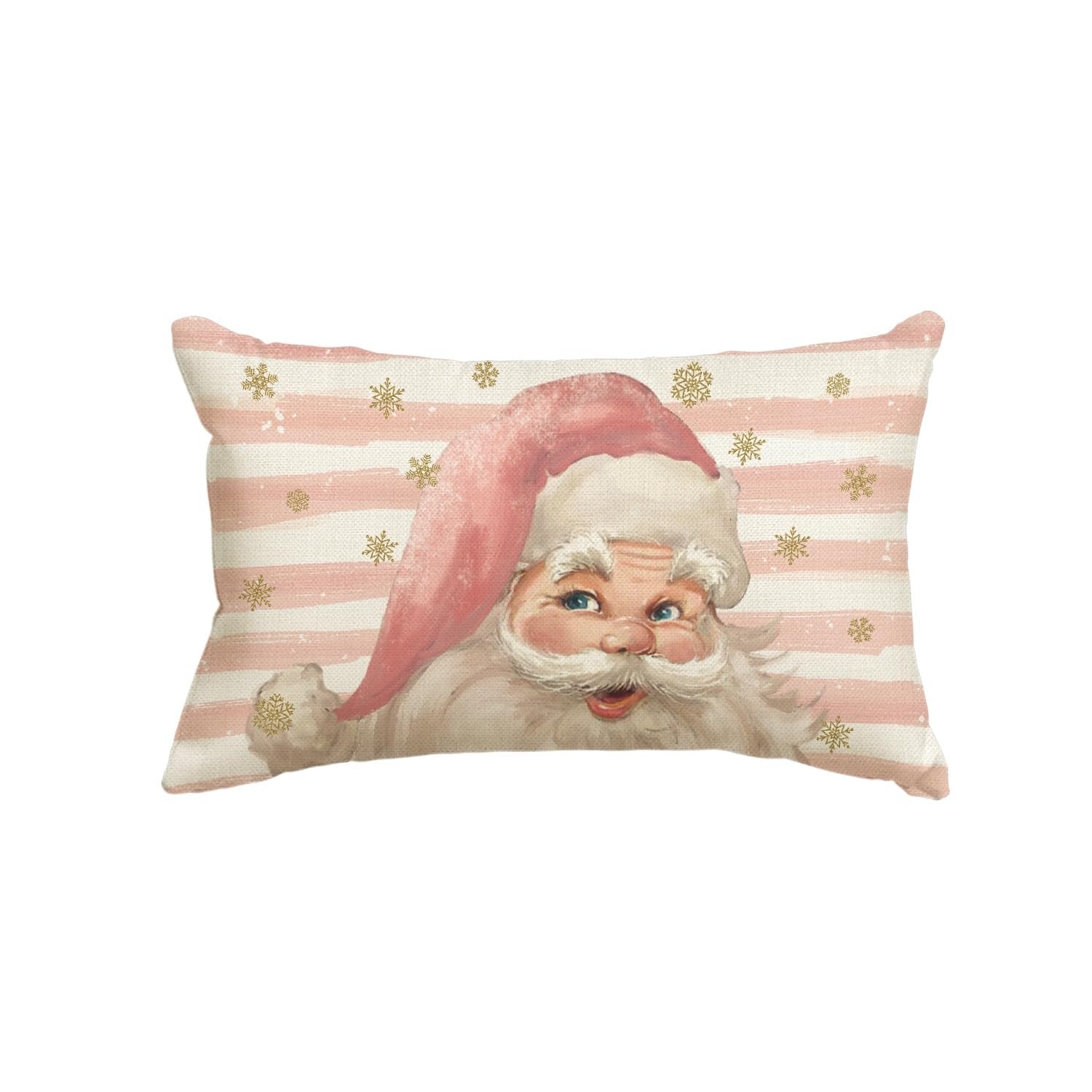 Rectangular throw pillow cover featuring a watercolor-style Santa Claus face with a pink hat and gold snowflakes on a pink and white striped background.