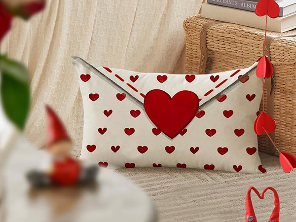 Cream lumbar pillow cover with red heart pattern and a large red heart accent, styled on a couch.