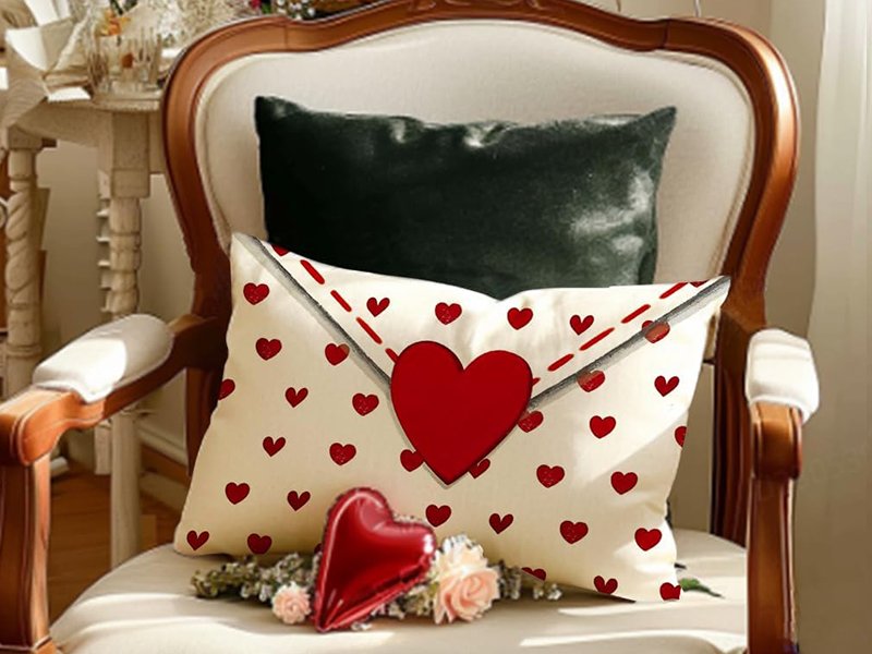 Cream lumbar pillow cover with red hearts and a large red heart on a chair