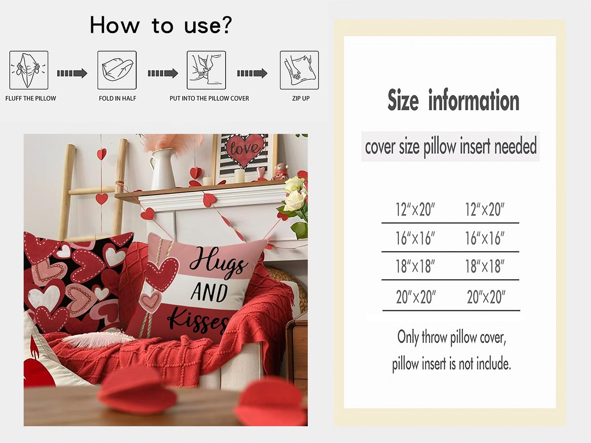 Valentine's Day themed pillow covers on a couch with decorative hearts and a 'How to use?' guide and size information.