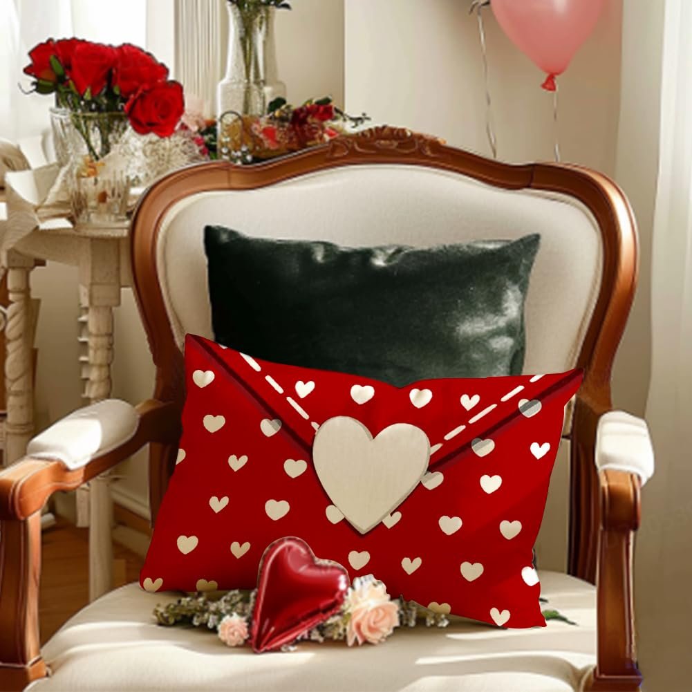 Red lumbar pillow cover with white hearts and a large cream heart accent, on a chair with roses and a balloon.