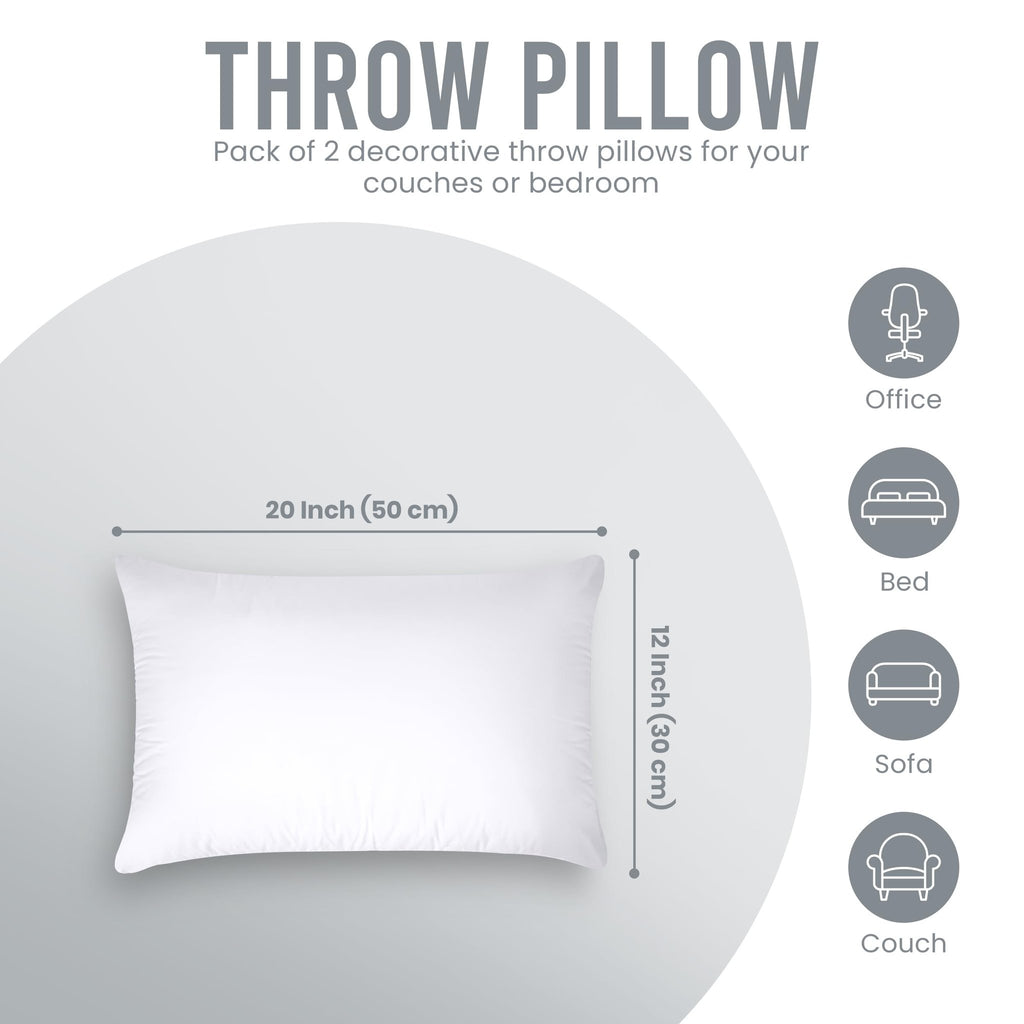 White throw pillow insert with dimensions 20x12 inches displayed, showing icons for office, bed, sofa, and couch use.