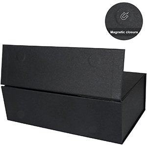 Black magnetic gift box with lid open, showing interior magnetic closure detail.