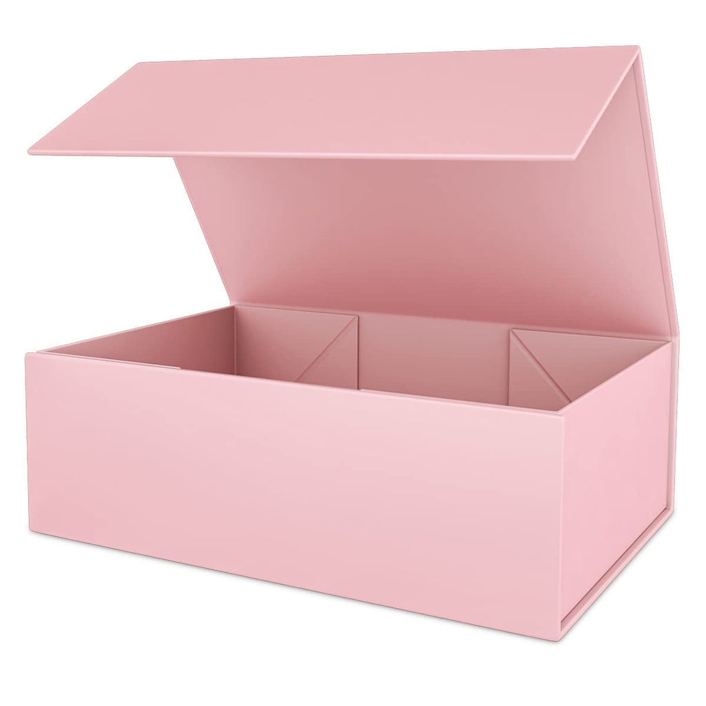 Open pink magnetic gift box with lid slightly ajar, showing interior dividers, on a white background.