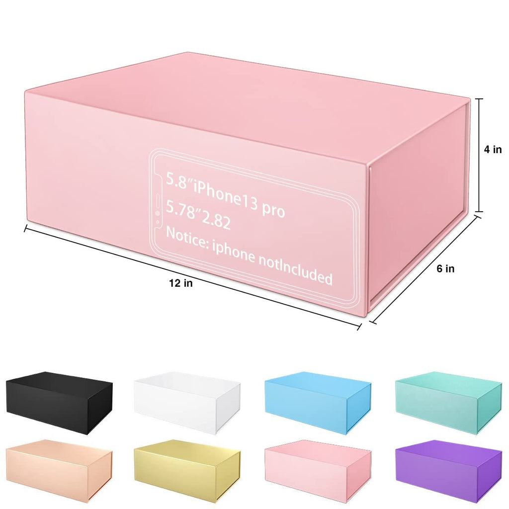 Pink magnetic gift box with dimensions and color swatches below