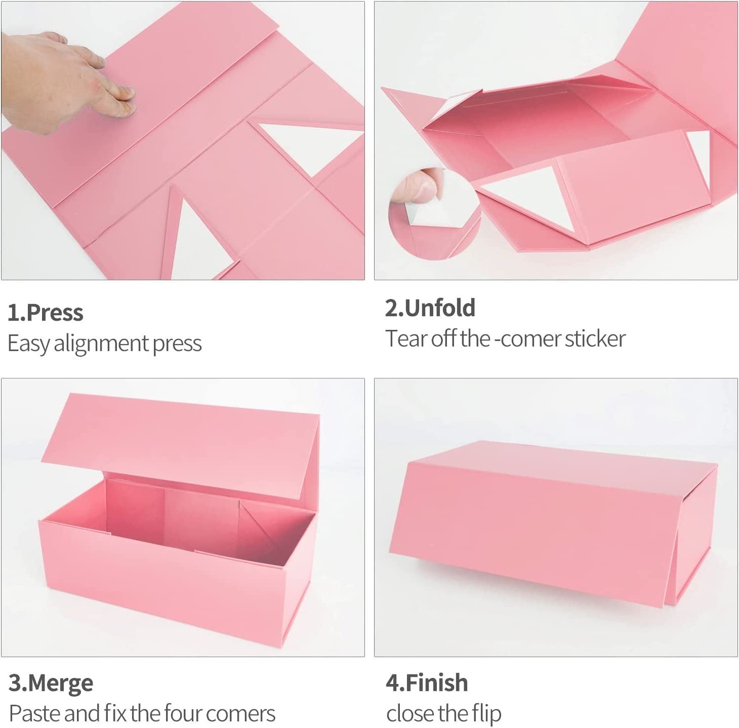 Four-panel image showing how to assemble a pink magnetic gift box. Step 1 shows pressing the box flat. Step 2 shows unfolding and peeling stickers. Step 3 shows merging the sides. Step 4 shows the finished, closed box.