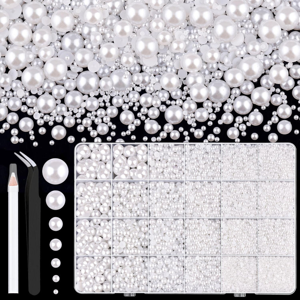 Assorted white flatback half pearls in various sizes with a storage box, tweezers, and a pencil.