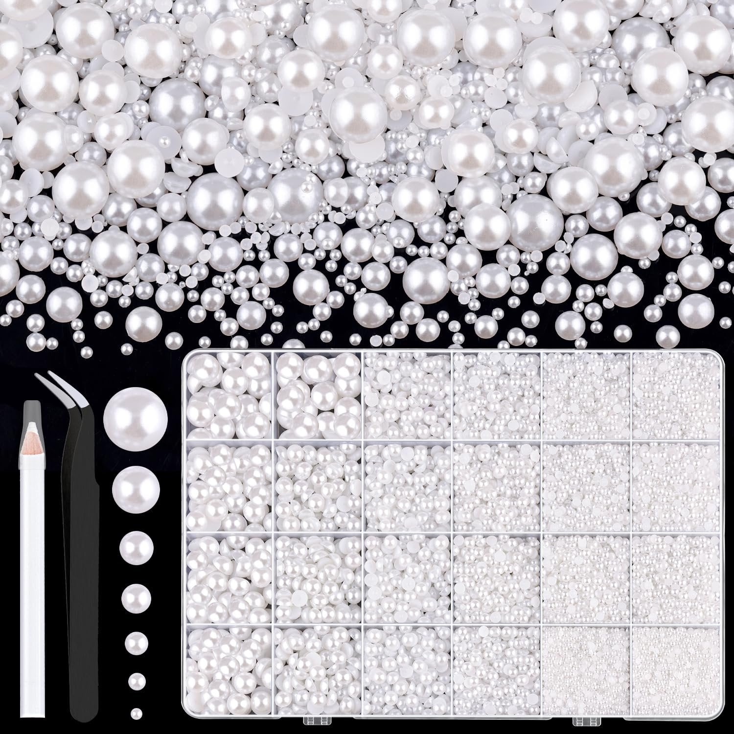 Assorted white flatback half pearls in various sizes with a storage box, tweezers, and a pencil.