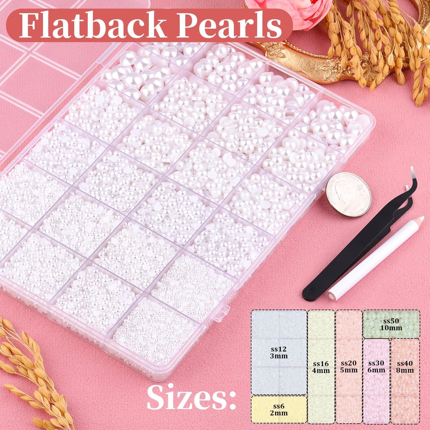 Flatback pearls in a 24-grid organizer box with tweezers and pickup pen, showing various sizes.