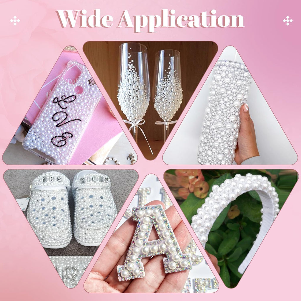 Collage of pearl-embellished crafts including a phone case, champagne glasses, tumbler, shoes, letter A, and headband.