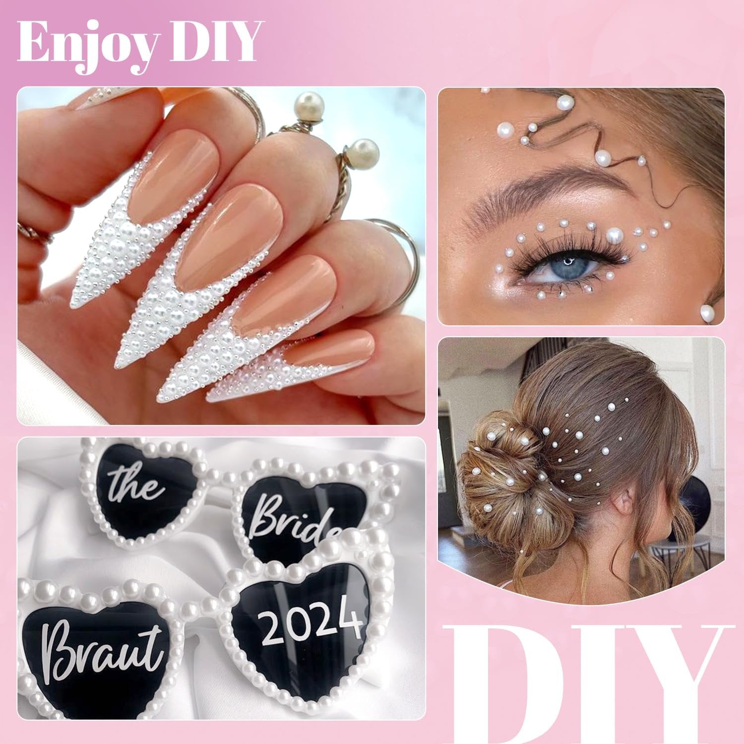 Collage of DIY craft ideas using small white pearls: decorated nails, face gems, bridal hair accessories, and heart-shaped glasses.