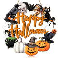 Happy Halloween door sign with pumpkins, ghosts, black cat, crow, skull, bat, and cauldron.
