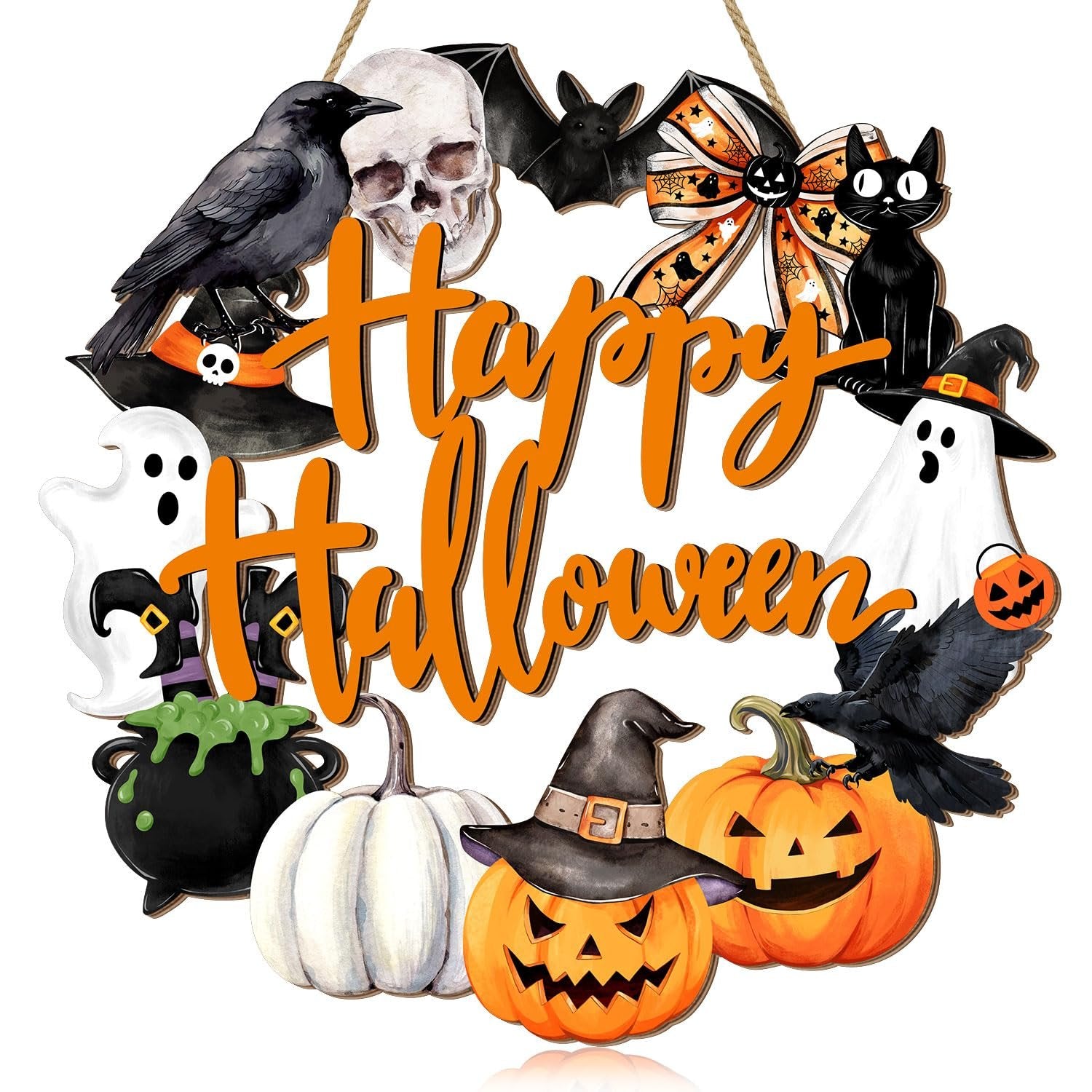 Happy Halloween door sign with pumpkins, ghosts, black cat, crow, skull, bat, and cauldron.