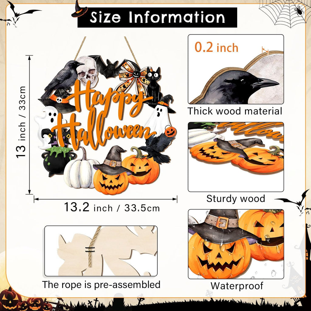 Halloween door sign with pumpkins, ghosts, bats, and black cat, showing size and material details.