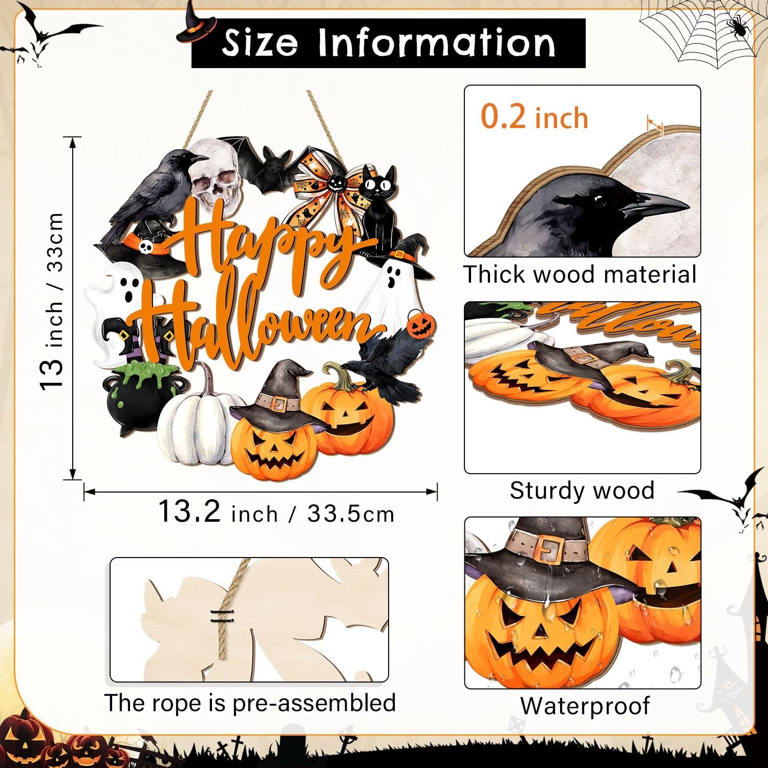 Halloween door sign with pumpkins, ghosts, bats, and black cat, showing size and material details.