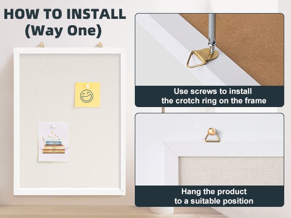 White wood frame bulletin board with linen surface, showing installation steps with text and close-up images.