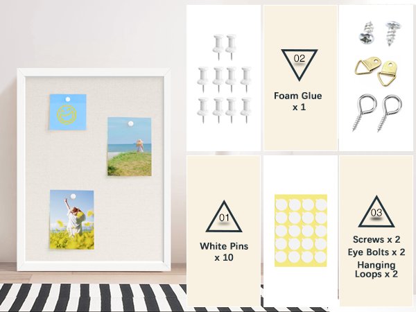 White wood frame bulletin board with linen surface displaying three photos and pushpins. Includes kit contents: pushpins, foam glue, screws, eye bolts, and hanging loops.