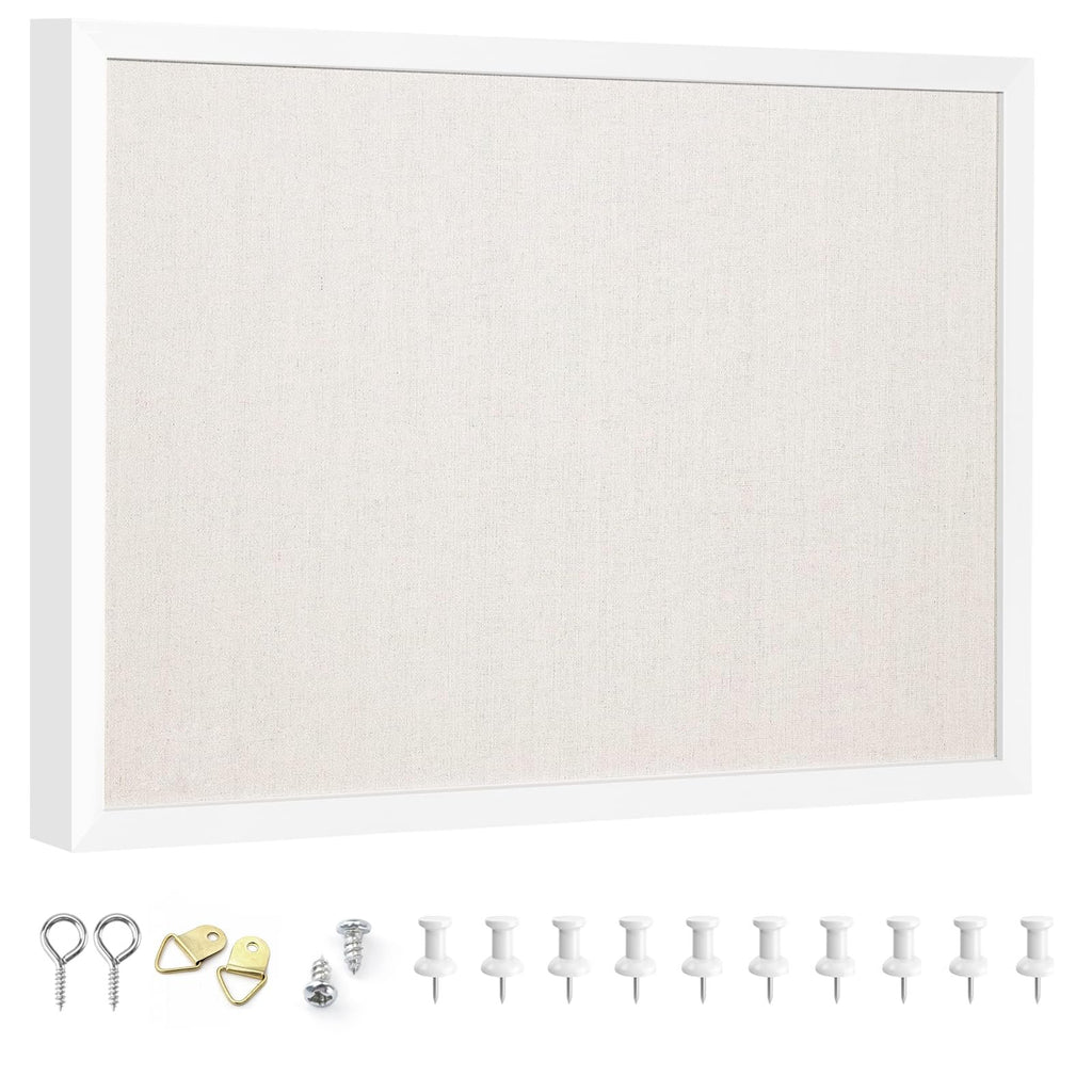 White wood frame bulletin board with linen surface and included pushpins and mounting hardware
