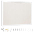 White wood frame bulletin board with linen surface and included pushpins and mounting hardware
