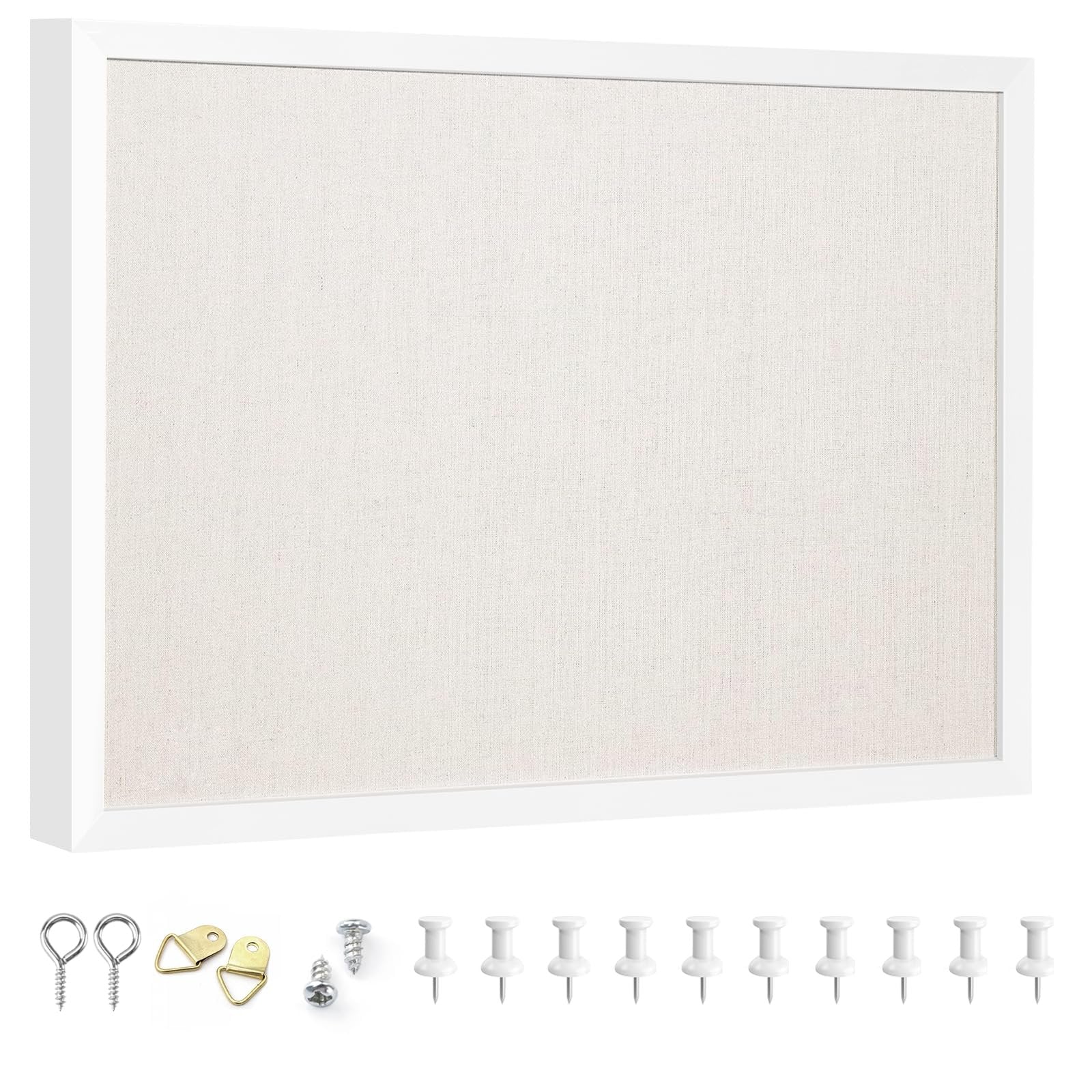 White wood frame bulletin board with linen surface and included pushpins and mounting hardware