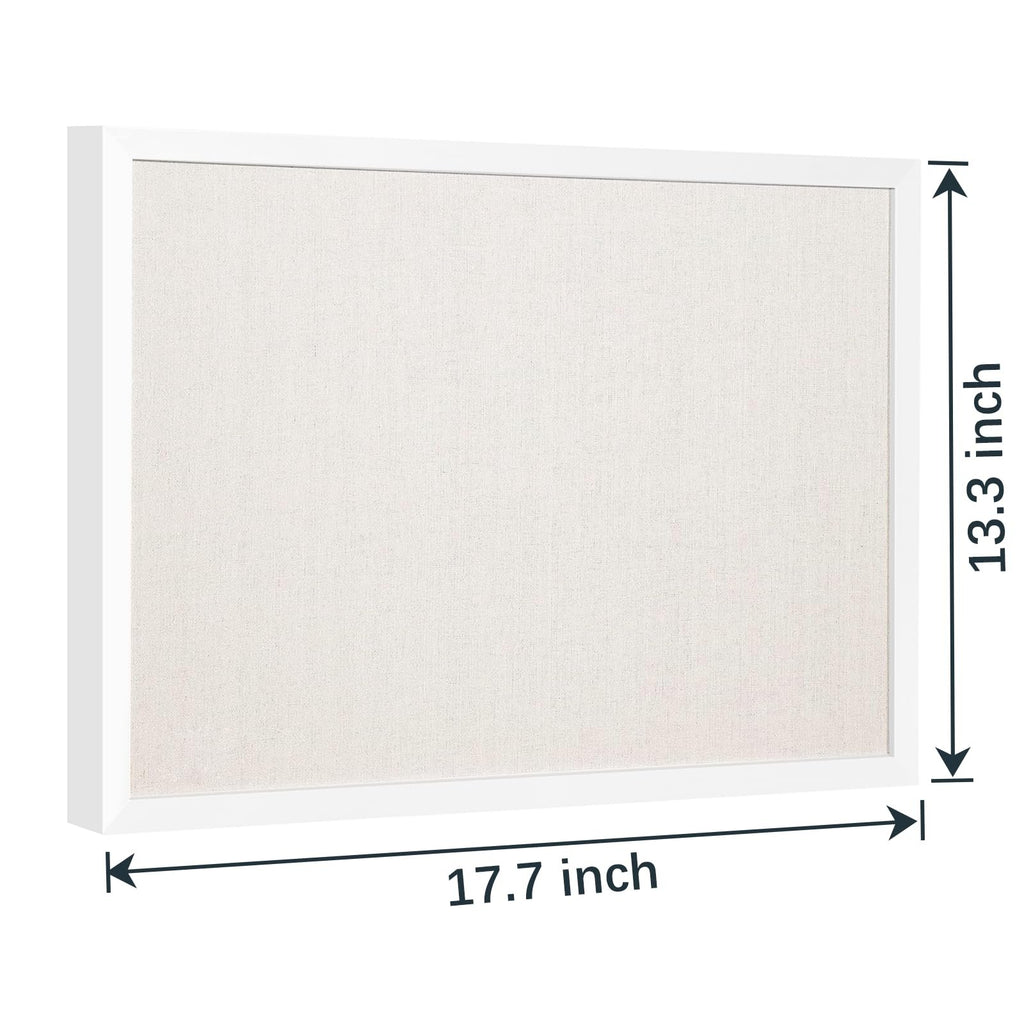 Linen bulletin board with white wood frame, showing dimensions 13.3 inches and 17.7 inches.
