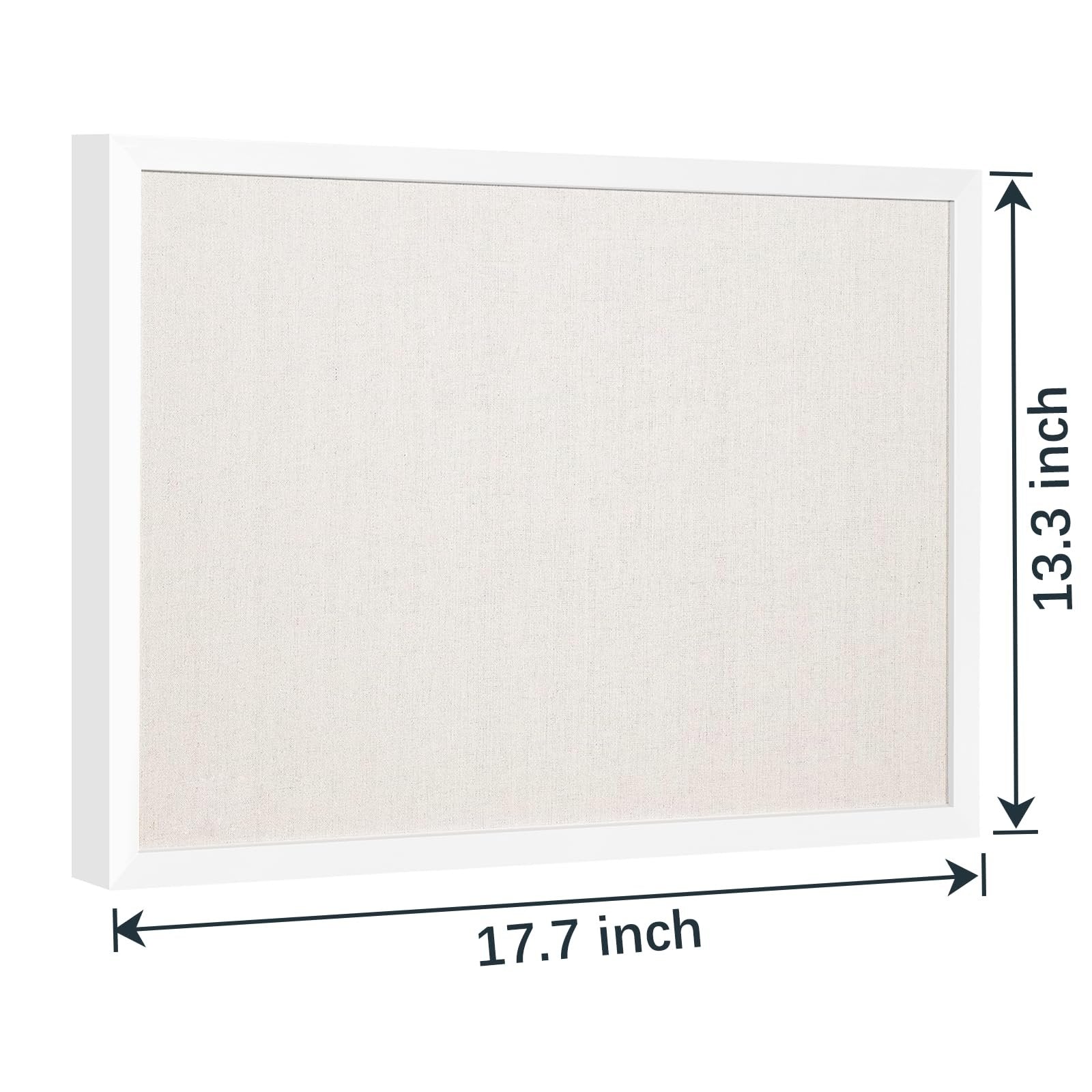 Linen bulletin board with white wood frame, showing dimensions 13.3 inches and 17.7 inches.