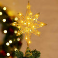 Gold wire star Christmas tree topper with 20 LED lights, shown on a decorated tree with bokeh lights.