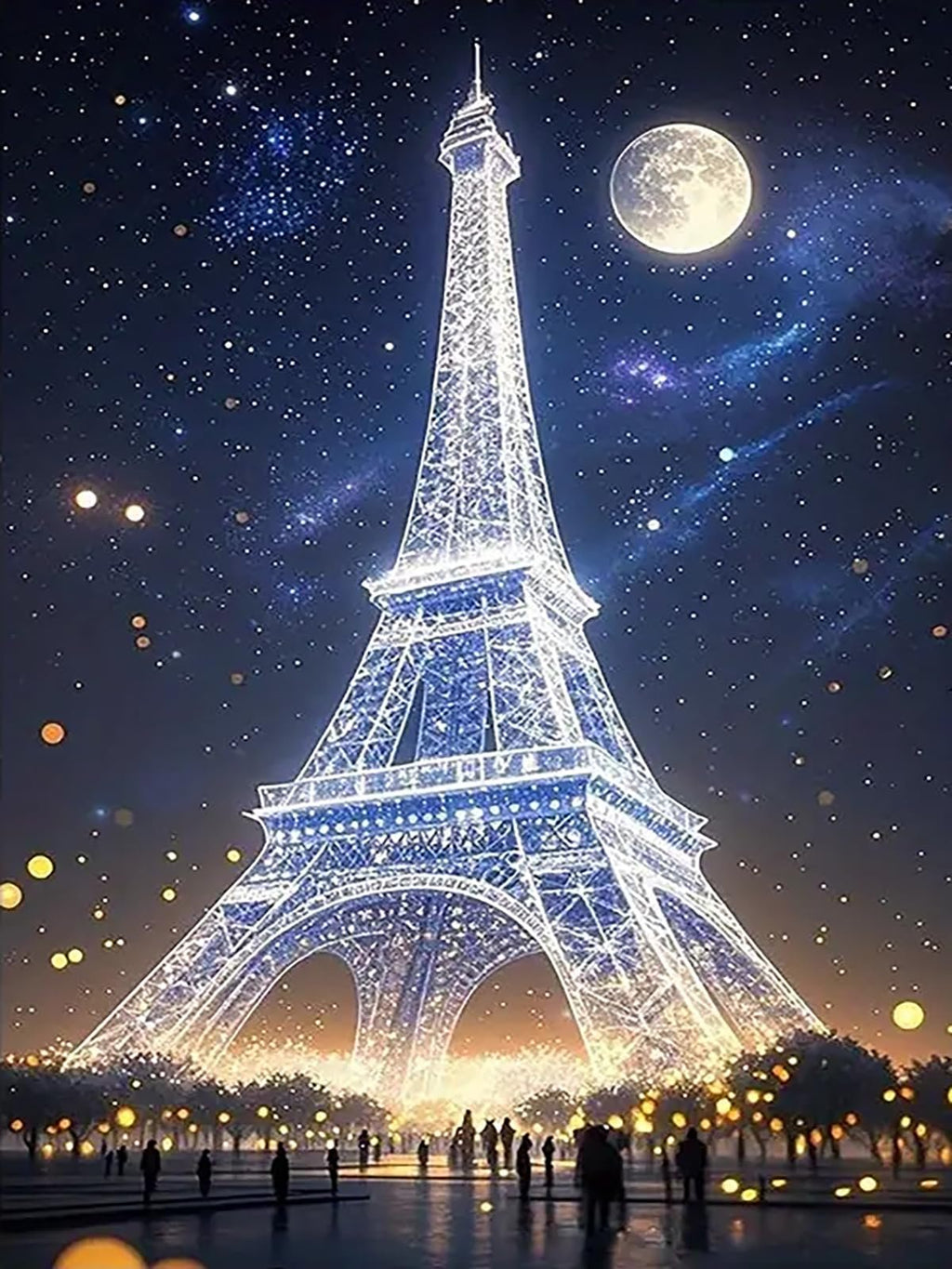 Eiffel Tower illuminated at night with a full moon and starry sky, bokeh lights in foreground